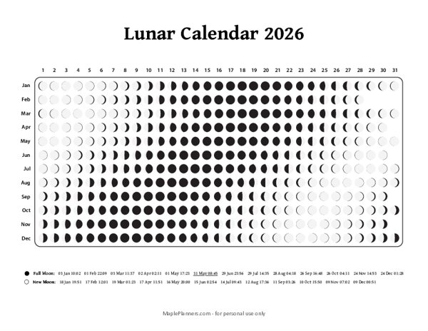 Lunar Calendar 2026 - Moon Phases