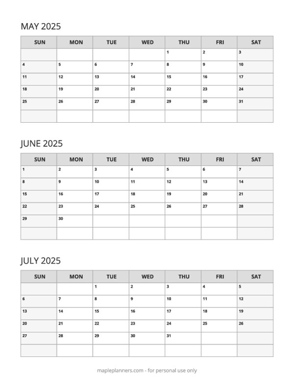 May June July Calendar 2025