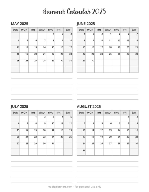 Summer Calendar 2025
