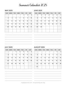 Summer Calendar 2025