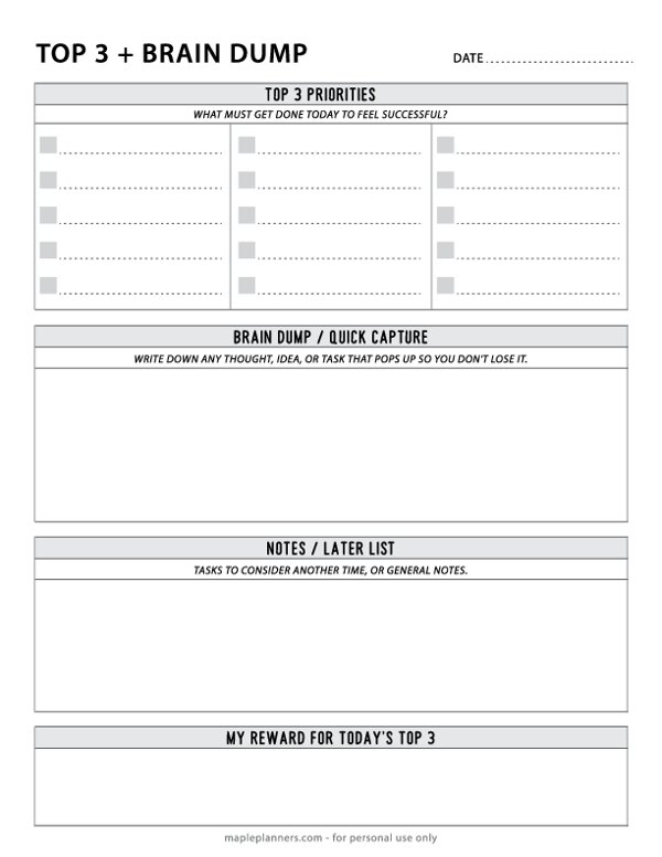 ADHD Daily Focus: Top 3 & Tiny Steps Template