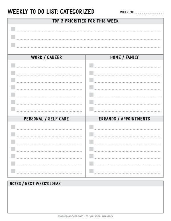 Categorized Weekly To-Do List
