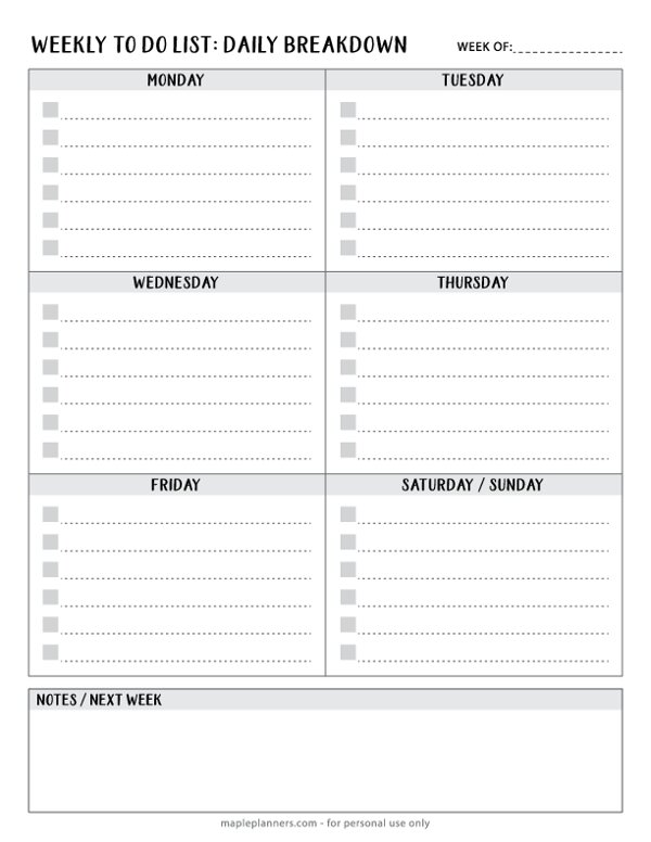 Daily Breakdown Weekly To-Do List
