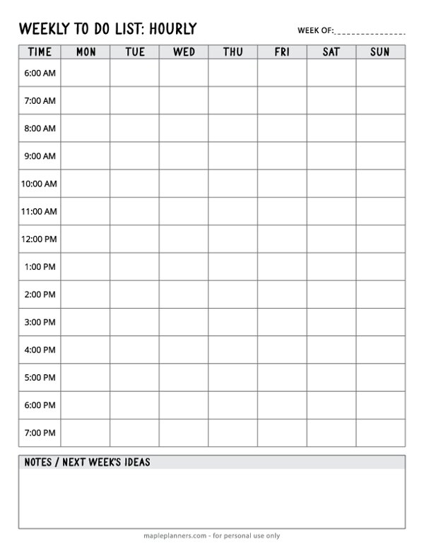 Hourly Weekly To-Do List Template