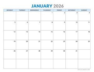 January 2026 Calendar - Horizontal Layout - Monday Start