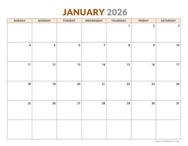 January 2026 Calendar - Horizontal Layout - Sunday Start