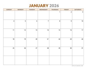 January 2026 Calendar - Horizontal Layout - Sunday Start