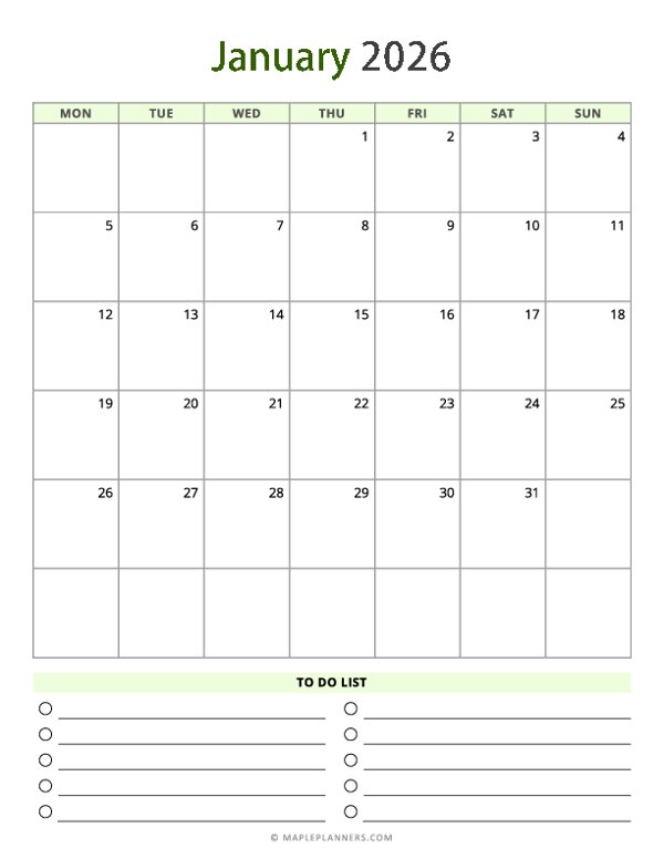 January 2026 Calendar - Vertical, Monday Start
