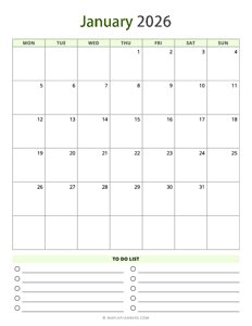 January 2026 Calendar - Vertical, Monday Start