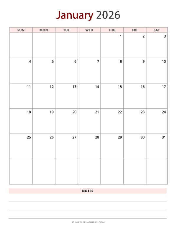 January 2026 Calendar - Vertical, Sunday Start