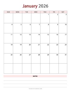 January 2026 Calendar - Vertical, Sunday Start