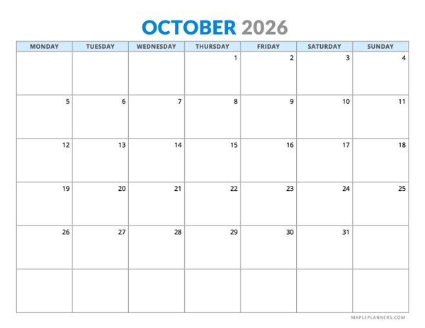 October 2026 Calendar - Horizontal Layout - Monday Start