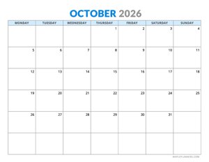 October 2026 Calendar - Horizontal Layout - Monday Start