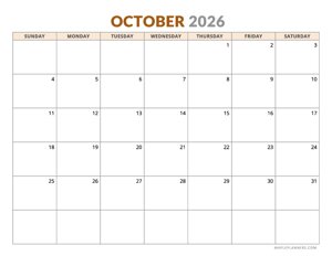 October 2026 Calendar - Horizontal, Sunday Start