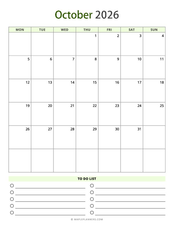 October 2026 Calendar - Vertical, Monday Start