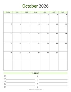 October 2026 Calendar - Vertical, Monday Start