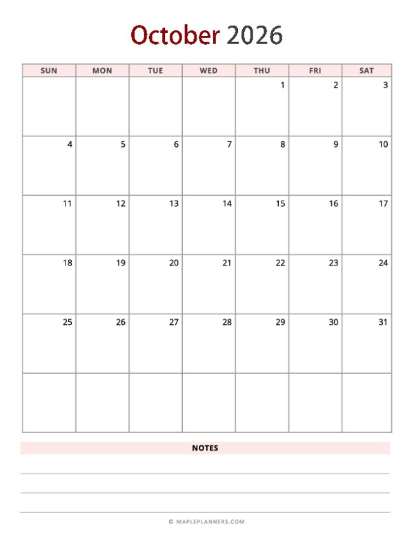 October 2026 Calendar - Vertical, Sunday Start