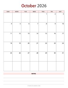 October 2026 Calendar - Vertical, Sunday Start