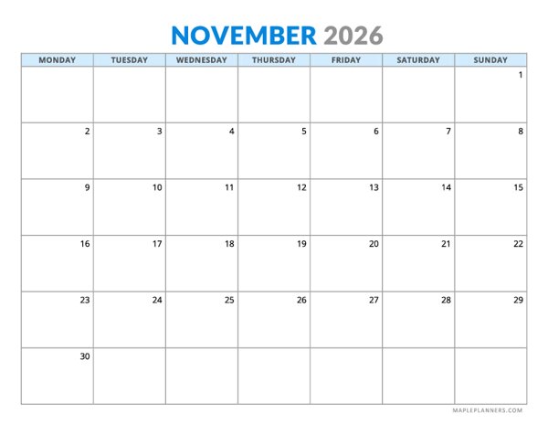 November 2026 Calendar - Horizontal Layout - Monday Start
