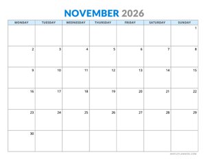 November 2026 Calendar - Horizontal Layout - Monday Start