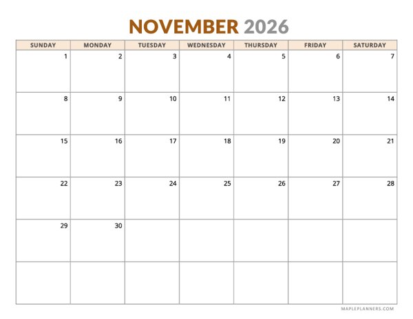 November 2026 Calendar - Horizontal, Sunday Start