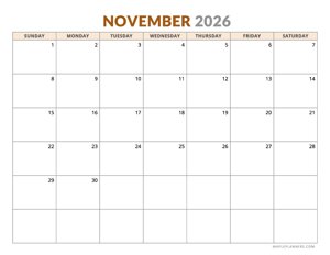 November 2026 Calendar - Horizontal, Sunday Start