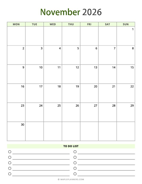 November 2026 Calendar - Vertical, Monday Start