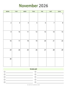 November 2026 Calendar - Vertical, Monday Start