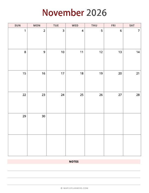 November 2026 Calendar - Vertical, Sunday Start