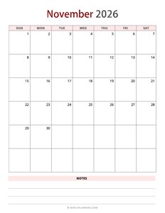November 2026 Calendar - Vertical, Sunday Start