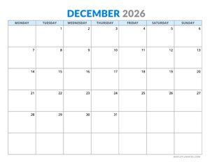 December 2026 Calendar - Horizontal Layout - Monday Start