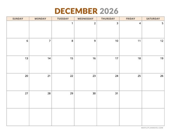 December 2026 Calendar - Horizontal, Sunday Start