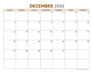 December 2026 Calendar - Horizontal, Sunday Start