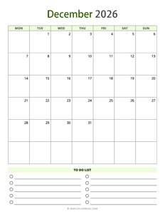 December 2026 Calendar - Vertical, Monday Start