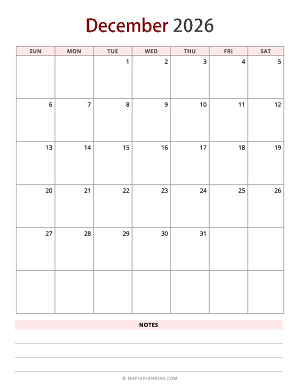 December 2026 Calendar - Vertical, Sunday Start