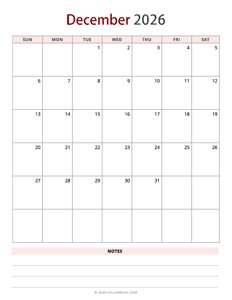 December 2026 Calendar - Vertical, Sunday Start