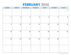 February 2026 Calendar - Horizontal Layout - Monday Start