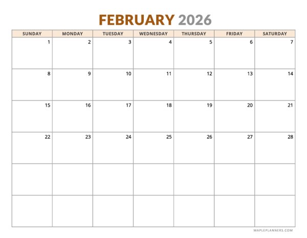 Febuary 2026 Calendar - Horizontal Layout - Sunday Start