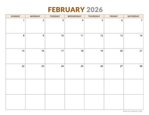 Febuary 2026 Calendar - Horizontal Layout - Sunday Start