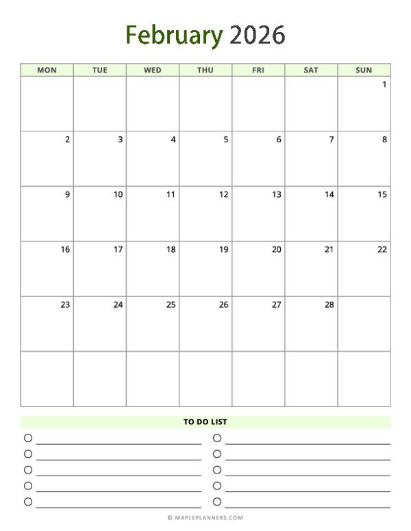 February 2026 Calendar - Vertical, Monday Start