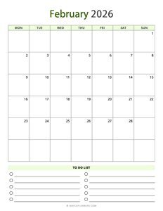 February 2026 Calendar - Vertical, Monday Start