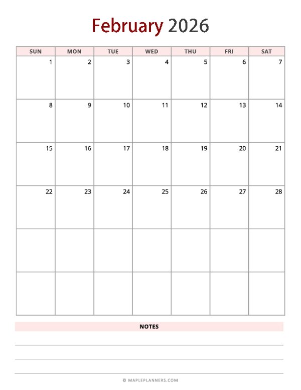 February 2026 Calendar - Vertical, Sunday Start