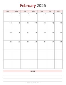 February 2026 Calendar - Vertical, Sunday Start