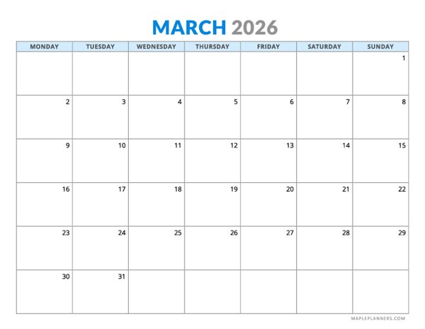 March 2026 Calendar - Horizontal Layout - Monday Start