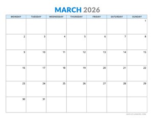 March 2026 Calendar - Horizontal Layout - Monday Start
