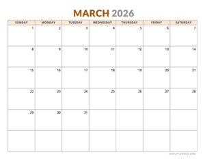 March 2026 Calendar - Horizontal Layout - Sunday Start