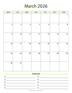 March 2026 Calendar - Vertical, Monday Start