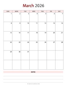 March 2026 Calendar - Vertical, Sunday Start