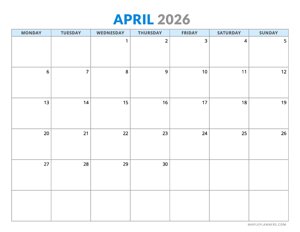 April 2026 Calendar - Horizontal Layout - Monday Start