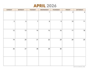 April 2026 Calendar - Horizontal Layout - Sunday Start